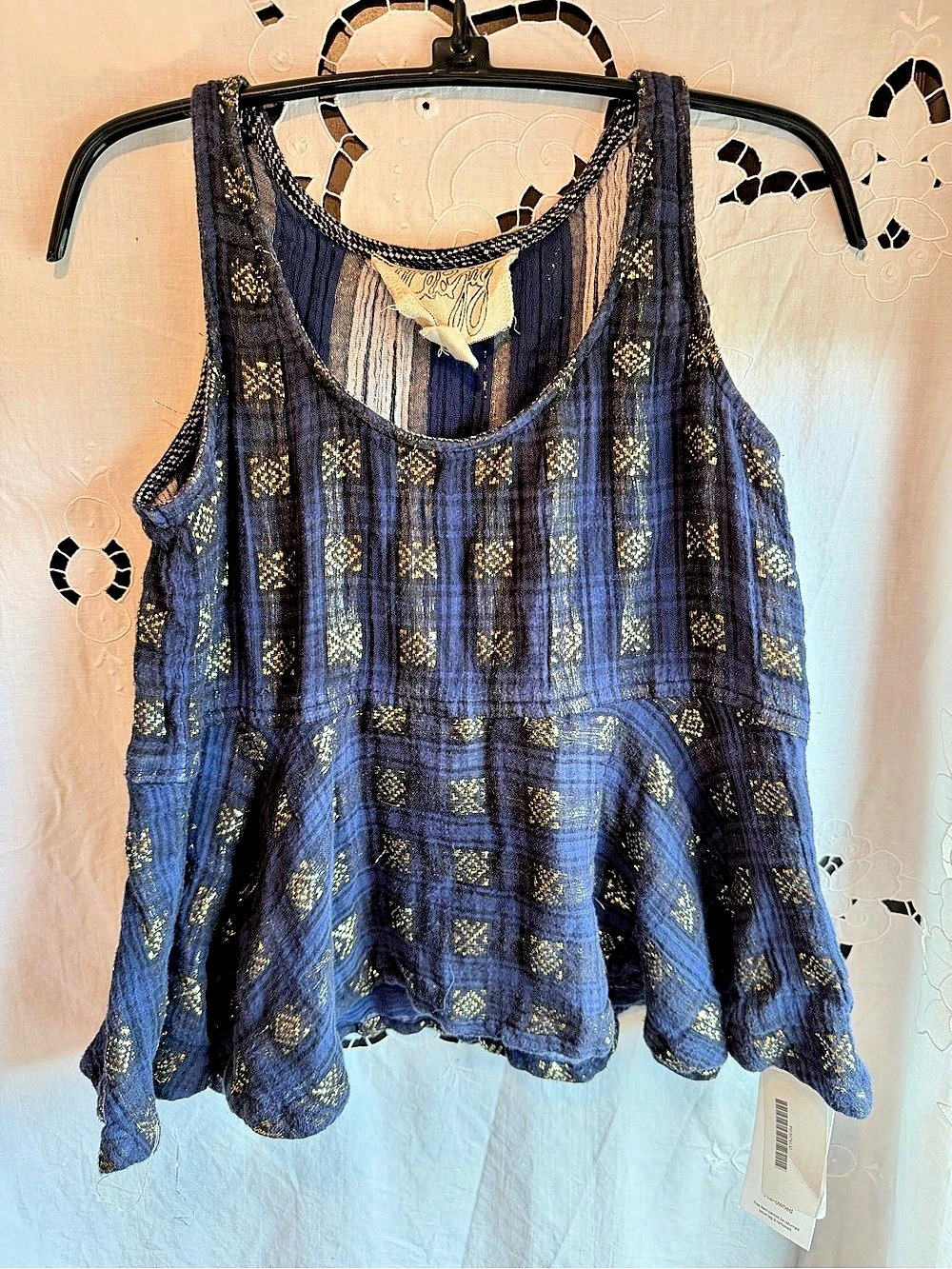 Ace & Jig XS Metallic Navy Plaid Peplum Tank Boho Y2K Festival Gold Top Trending
